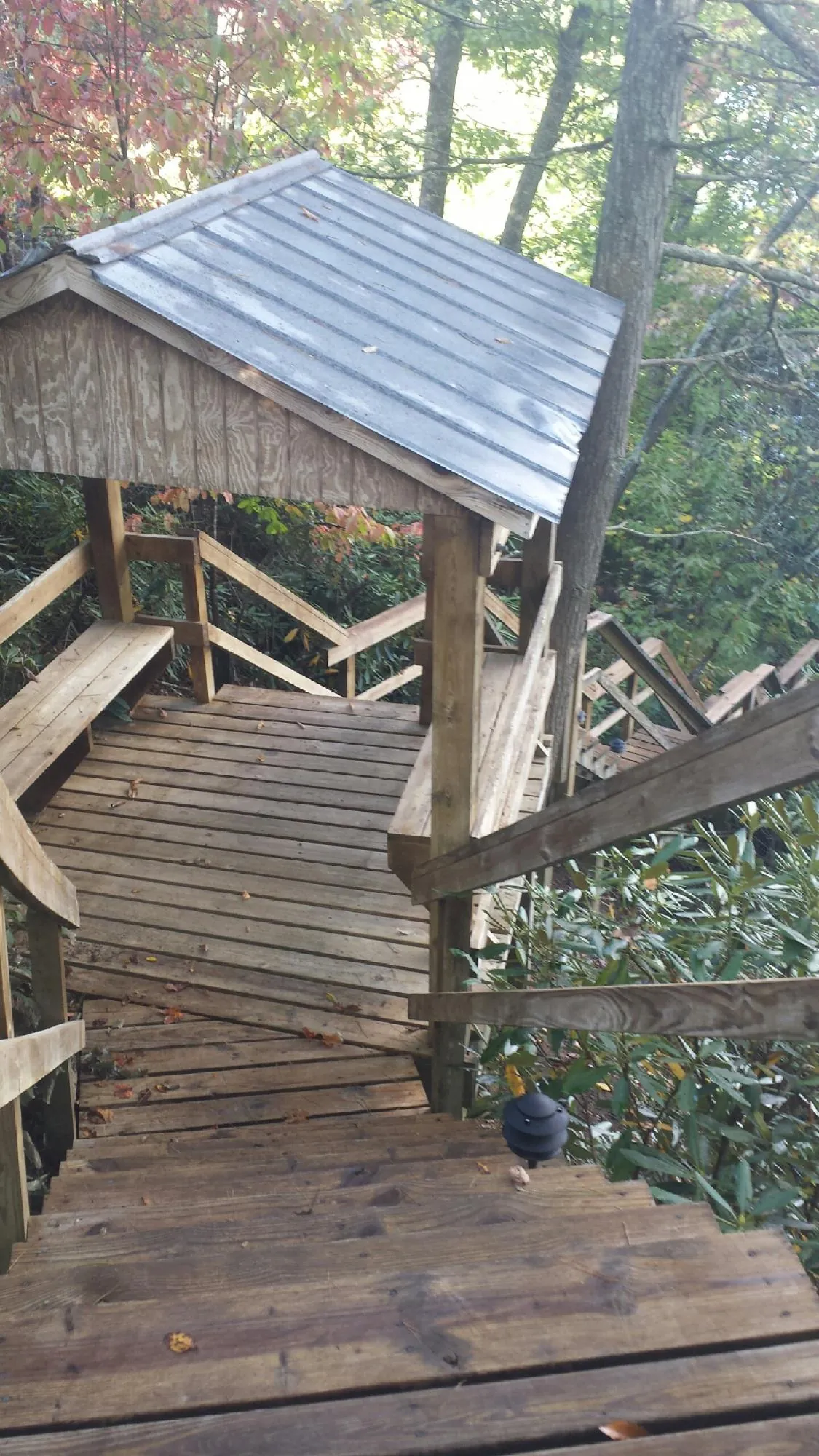 Metal roofed shelter over wooden steps on a wooded walkway — Skylight Repair & Installation work by our crew in Port Republic